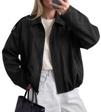 PRETTYGARDEN Women's Faux Suede Cropped Bomber Jacket | Long Sleeve Zip Up Casual Going Out Jackets Coat, Oversized Loose Fit Western Outfits, Trendy Outerwear, Fall Clothes