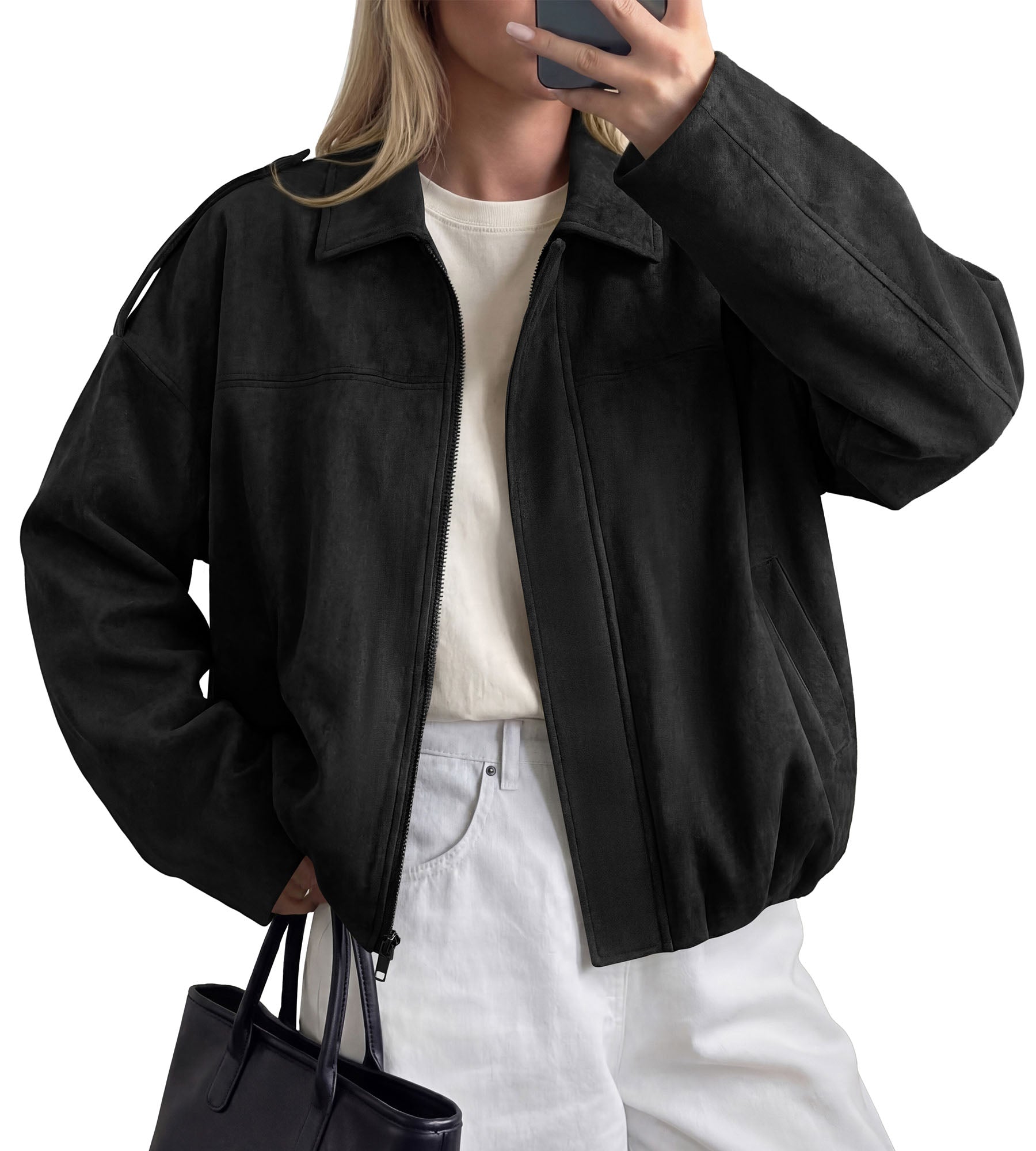 PRETTYGARDEN Women's Faux Suede Cropped Bomber Jacket | Long Sleeve Zip Up Casual Going Out Jackets Coat, Oversized Loose Fit Western Outfits, Trendy Outerwear, Fall Clothes