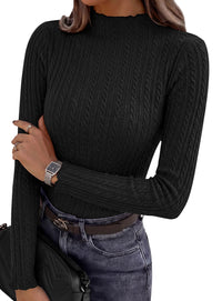 PRETTYGARDEN Women's Fall Long Sleeve Fitted Shirts | Comfy Stretchy Cable Knit, Trendy Lettuce Trim Mock Neck, Casual Basic Tees, Cute Layering Tops, 2026 Fashion Clothing