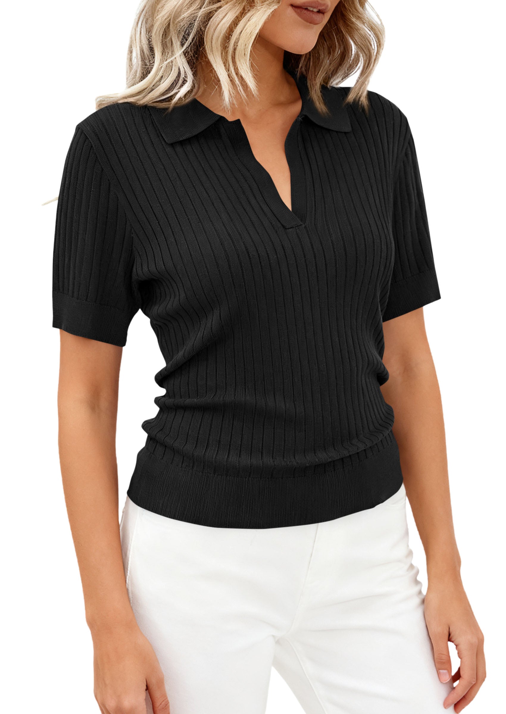 PRETTYGARDEN Women's Short Sleeve Sweater 2026 Spring Polo Shirts Ribbed Knit V Neck Business Casual Tops Summer Work Clothes PRETTYGARDEN