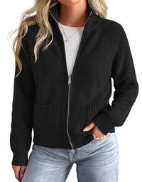 PRETTYGARDEN Womens Zip Up Cardigan Sweaters with Pockets Fall Jackets Stand Collar Long Sleeve Ribbed Knit Sweater, Chunky Loose Fit Open Front Short Cardigans, Fashion Winter Coats Outerwear