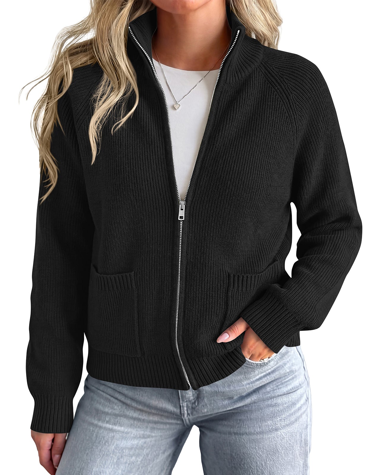 PRETTYGARDEN Womens Zip Up Cardigan Sweaters with Pockets Fall Jackets Stand Collar Long Sleeve Ribbed Knit Sweater, Chunky Loose Fit Open Front Short Cardigans, Fashion Winter Coats Outerwear