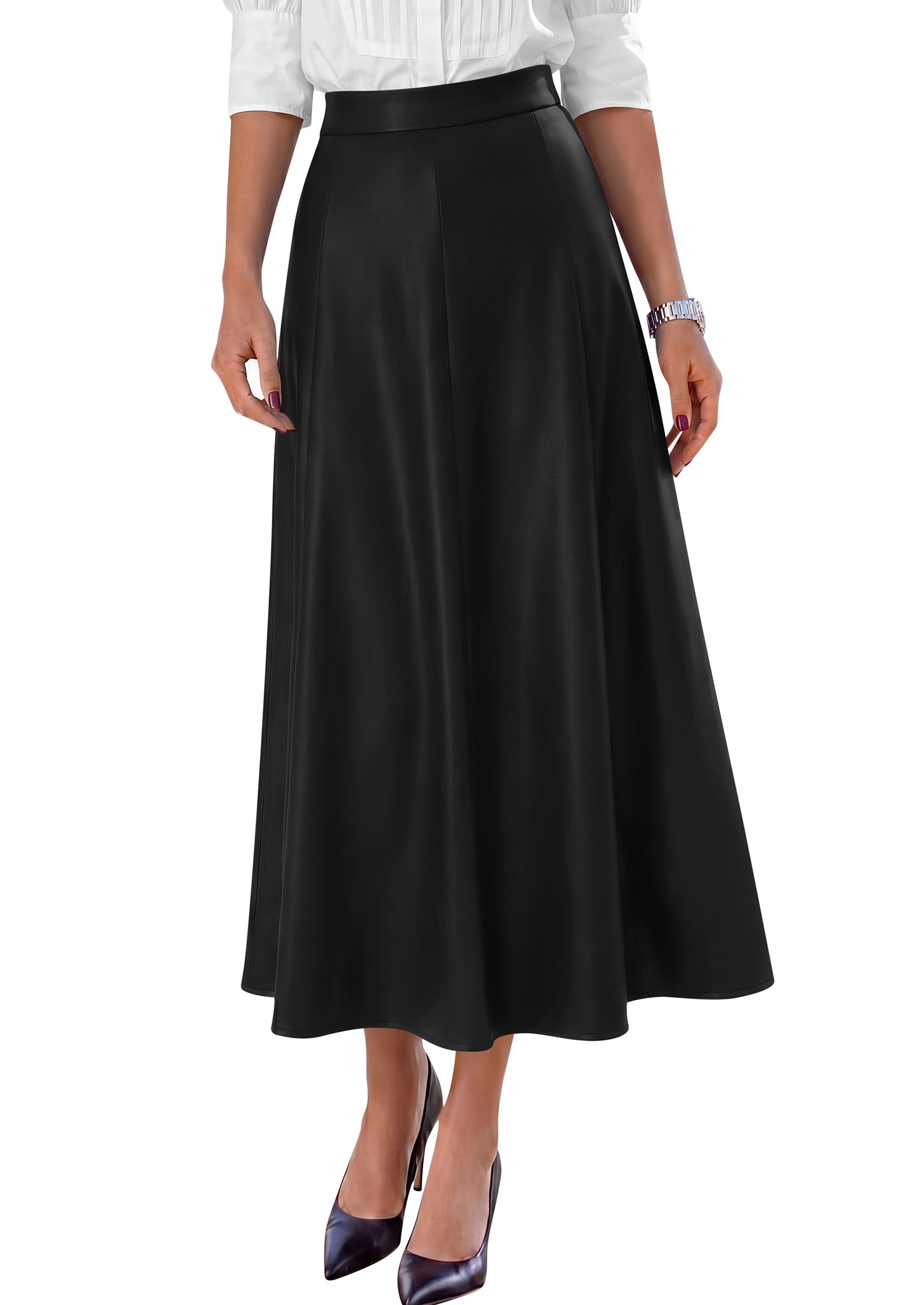 PRETTYGARDEN Womens Faux Leather High Waisted Midi Skirt | Flowy A Line Pleated Skirts, Elegant Swing Flared, Work Business Casual Outfits, Fall Winter Fashion Clothes