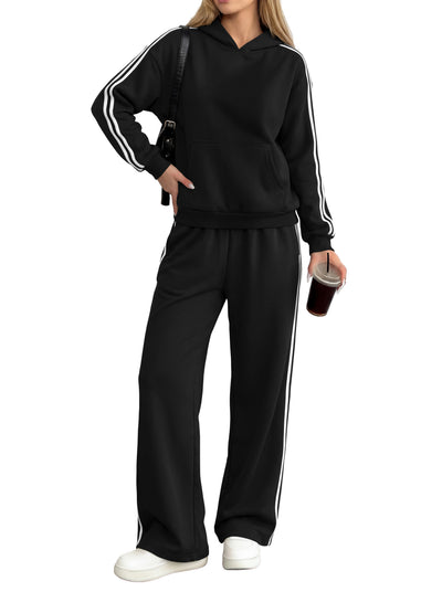 PRETTYGARDEN Women's Sweatsuits Set 2 Piece Striped Hoodie Wide Leg Sweatpants Y2K Retro Casual Tracksuits Travel Fall Outfit