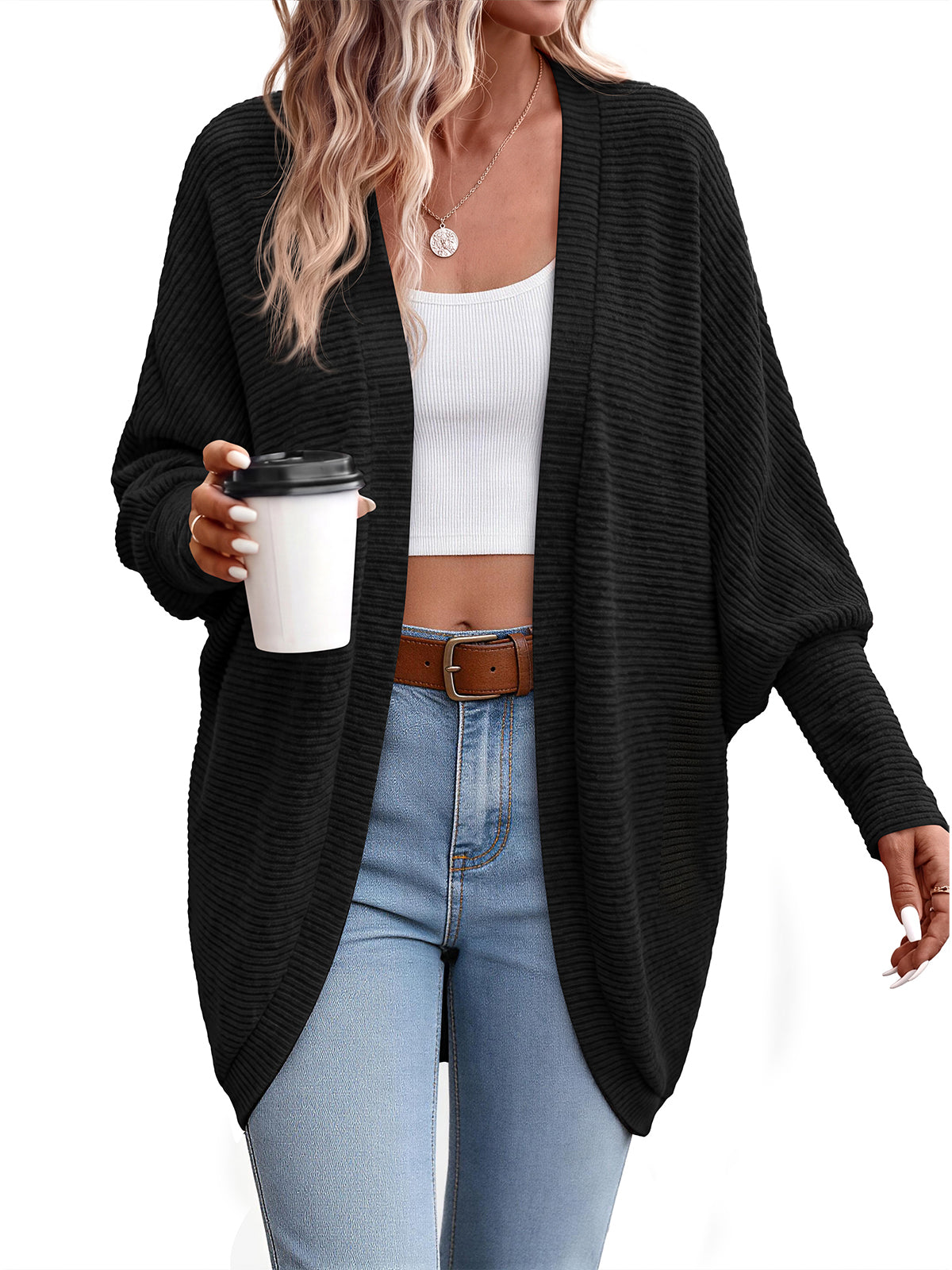 PRETTYGARDEN Batwing Long Sleeve Lightweight Cardigan Sweaters for Women | Batwing Sleeve Long Cardigans, Loose Fit Soft Ribbed Knit Light Weight Sweater, Early Fall Fashion Streetwear, Travel Outfits