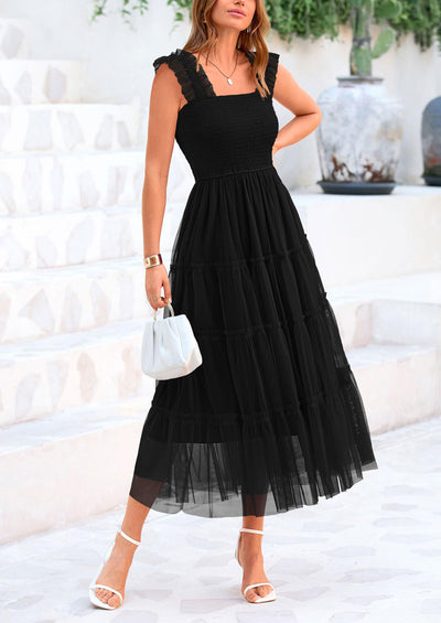 PRETTYGARDEN Women's Tulle Midi Dress Sleeveless Smocked Ruffle Mesh Flowy Dresses Party Wedding Guest Sundress