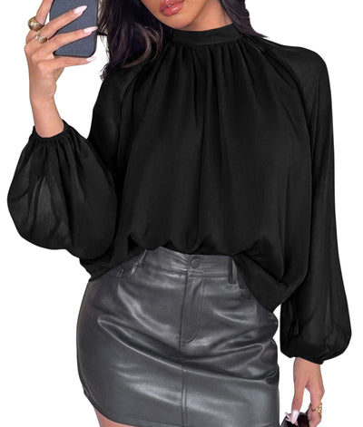 PRETTYGARDEN Womens Chiffon Blouses Dressy Casual Mock Neck Tops | Lightweight Fabric,Sheer Lantern Long Sleeve Shirts,Work Office Clothes,Daily Wear,Loose Flowy Going Out Fall Outfits