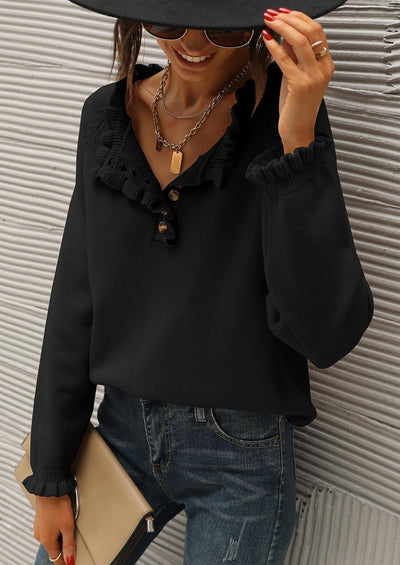 BTFBM Womens Sweaters Fall Winter Clothes 2025 Long Sleeve Button Down Ruffle Crew Neck Casual Knitted Pullover Tops PRETTYGARDEN