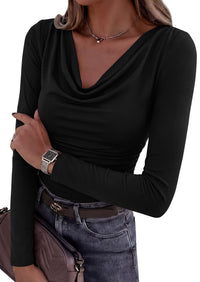 PRETTYGARDEN Women's Long Sleeve Shirts 2026 Fall Outfits Cowl Neck Ruched Slim Fitted Going Out Tops Y2K Fashion Clothing