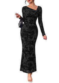 PRETTYGARDEN Womens Fall Asymmetrical Neck Formal Wedding Guest Maxi Dress  Slim Fit Mesh Floral, Ruched Bodycon Long Sleeve, Elegant Cocktail Party, Homecoming Fall Winter Dresses