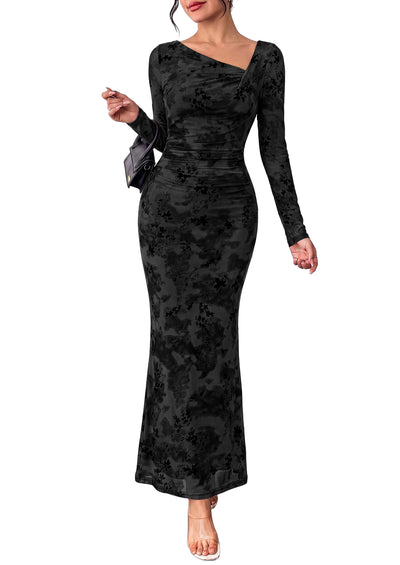 PRETTYGARDEN Womens Fall Asymmetrical Neck Formal Wedding Guest Maxi Dress  Slim Fit Mesh Floral, Ruched Bodycon Long Sleeve, Elegant Cocktail Party, Homecoming Fall Winter Dresses