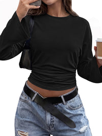 Classic Crewneck Ruched Waist Tee Shirts, Casual Fitted Cute Top, Soft Basic Layering, Y2k Fall Outfits, Fashion Clothing