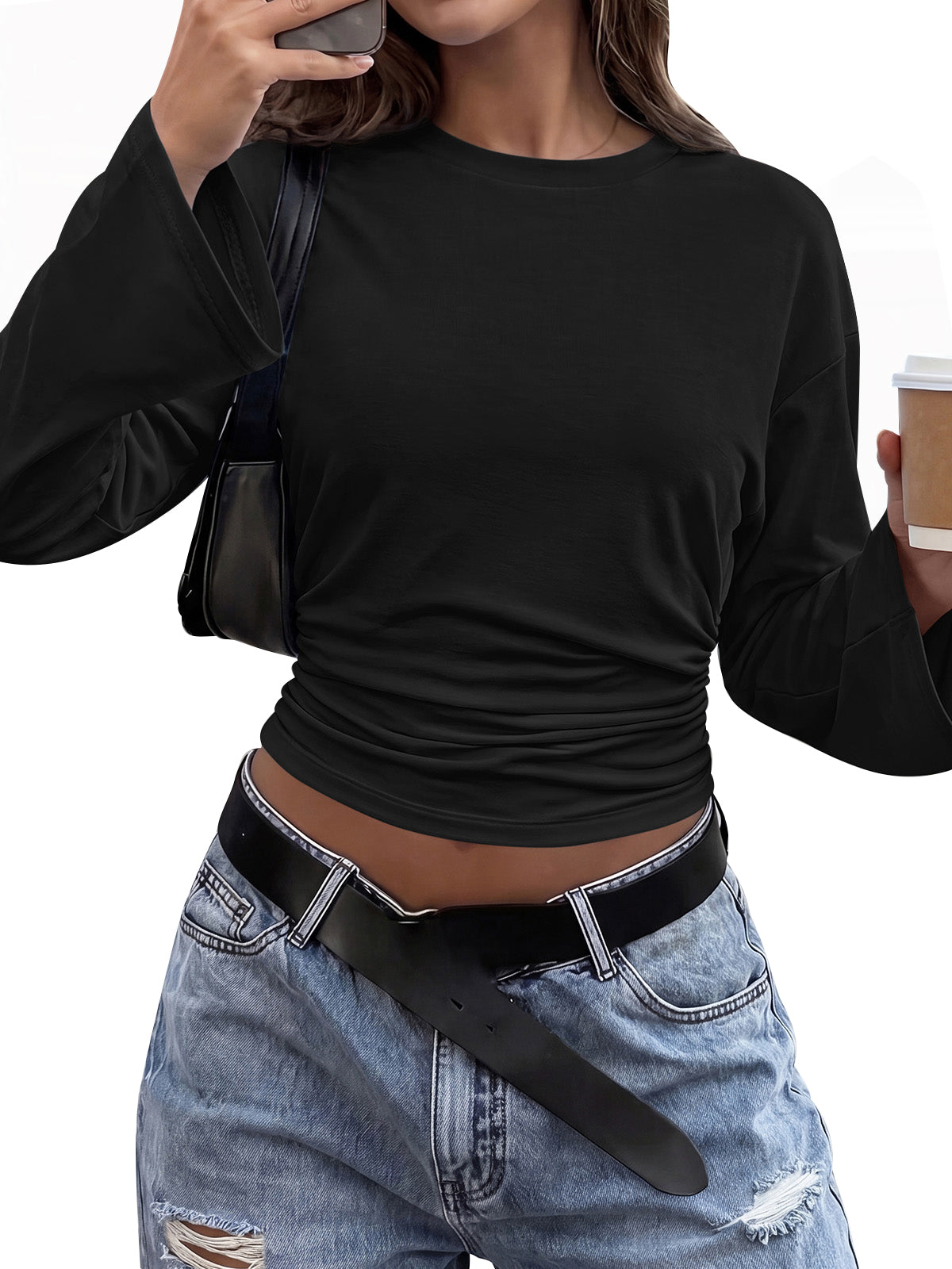 Classic Crewneck Ruched Waist Tee Shirts, Casual Fitted Cute Top, Soft Basic Layering, Y2k Fall Outfits, Fashion Clothing