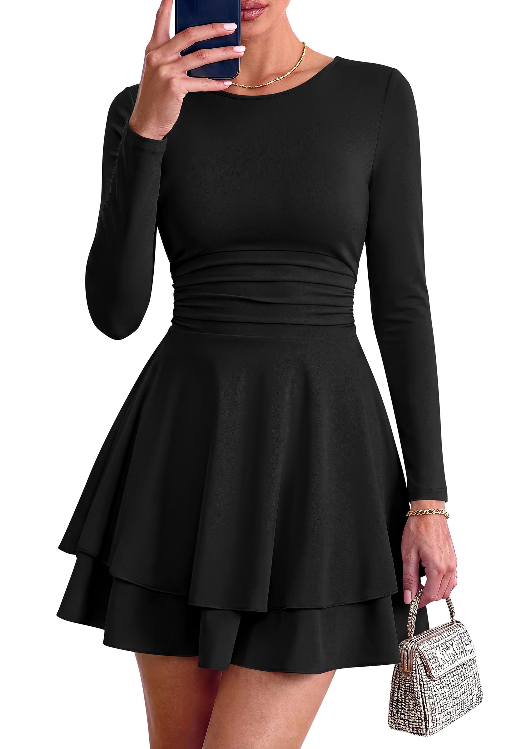 PRETTYGARDEN Womens Fit and Flare Crewneck Long Sleeve Mini Dress | Ruched Waist,Tiered Ruffle Hem,Flowy Short Sundress,Party Cocktail Homecoming Dresses,Date Night Semi Formal Cruise Outfits