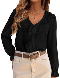PRETTYGARDEN Women Early Fall Fashion Dressy Casual Blouses  | Comfy Lightweight,Lantern Long Sleeve Shirts,Cute Ruffle V Neck,Going Out Tops,Business Work Outfits,Trendy Daily Clothes