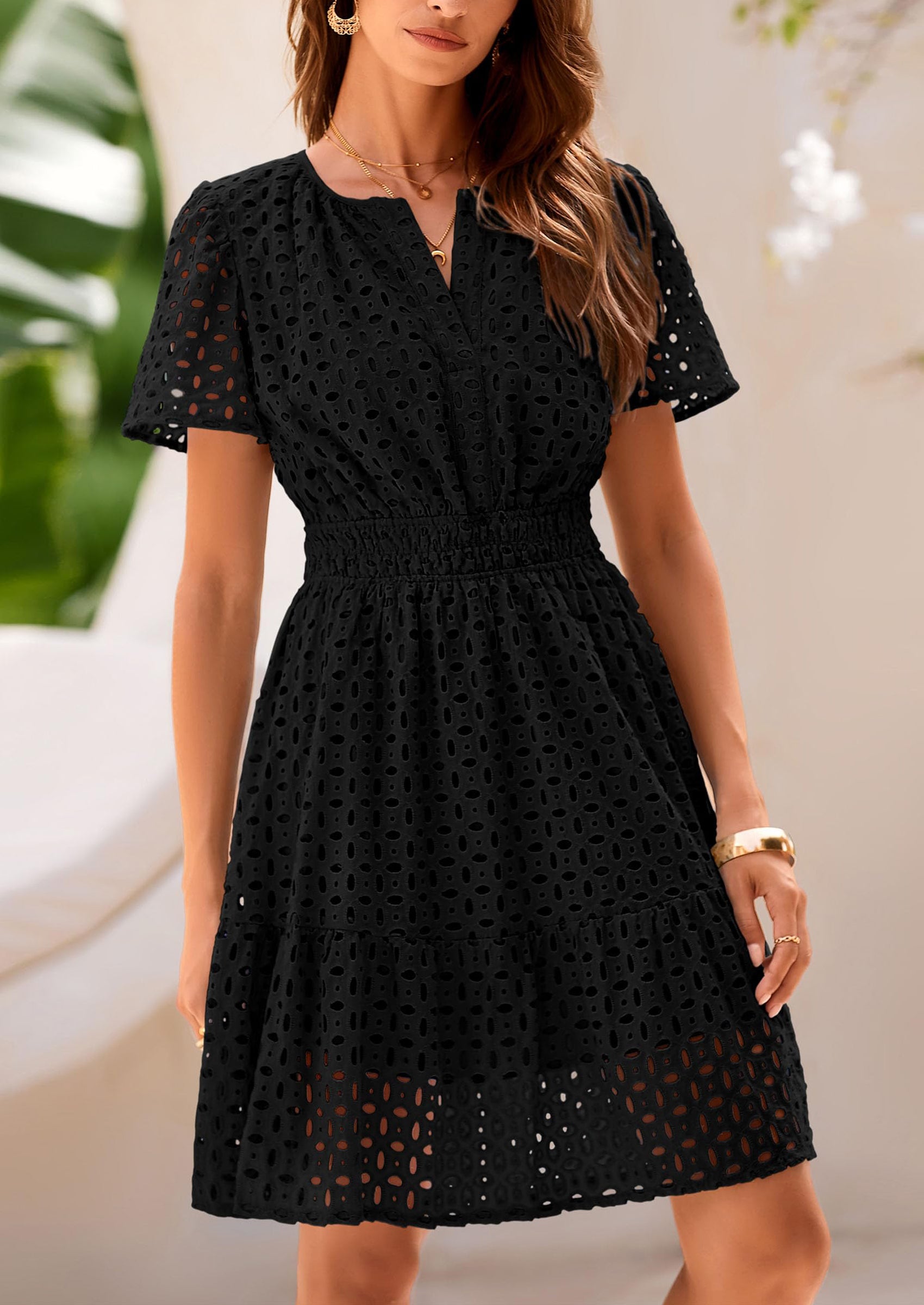 PRETTYGARDEN Women Summer Short Dress V Neck Short Sleeve A Line Hollow Out Lace Ruffle Cute Casual Beach Party Dresses