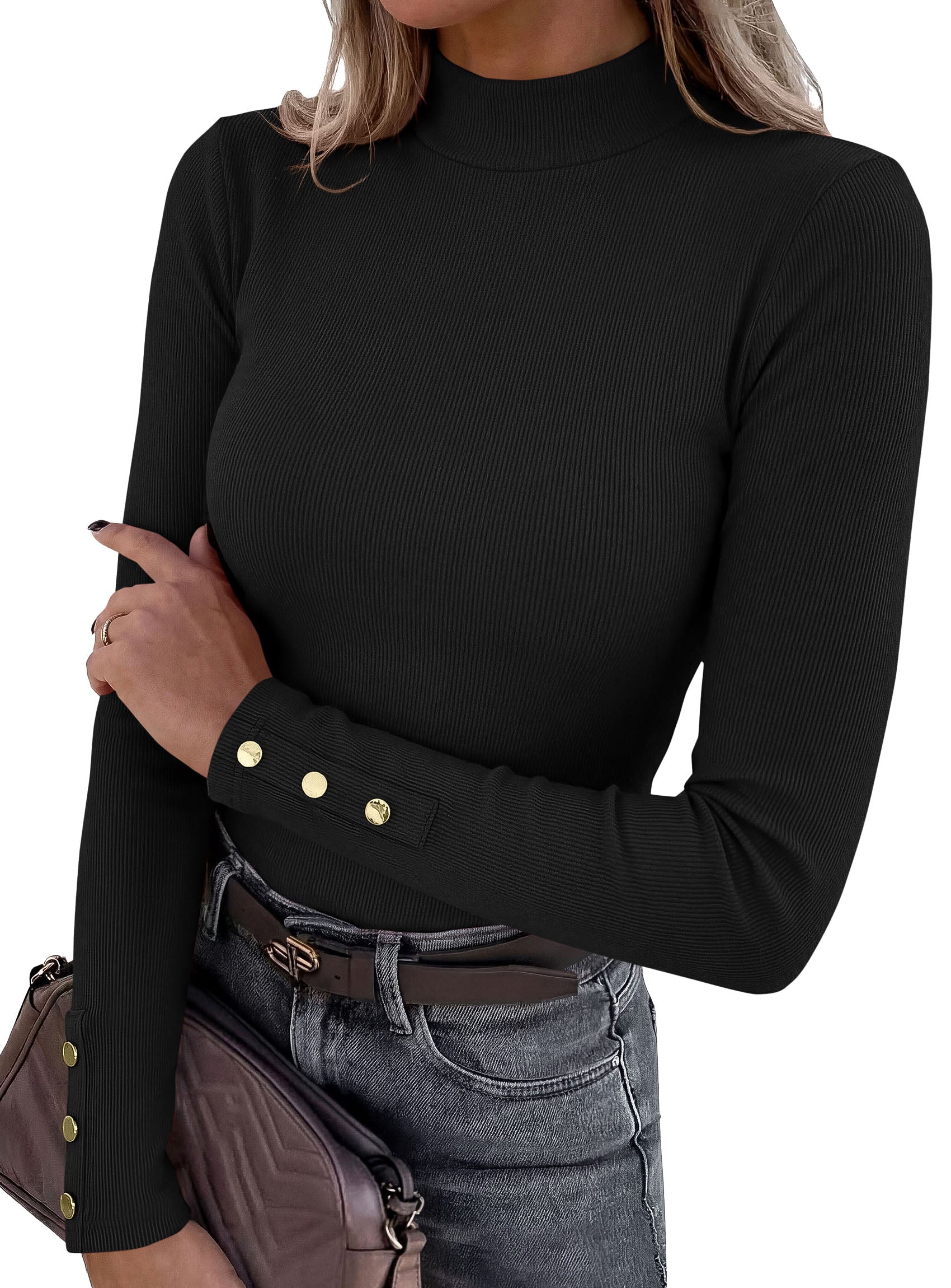 PRETTYGARDEN Women's Ribbed Mock Neck Long Sleeve Tops