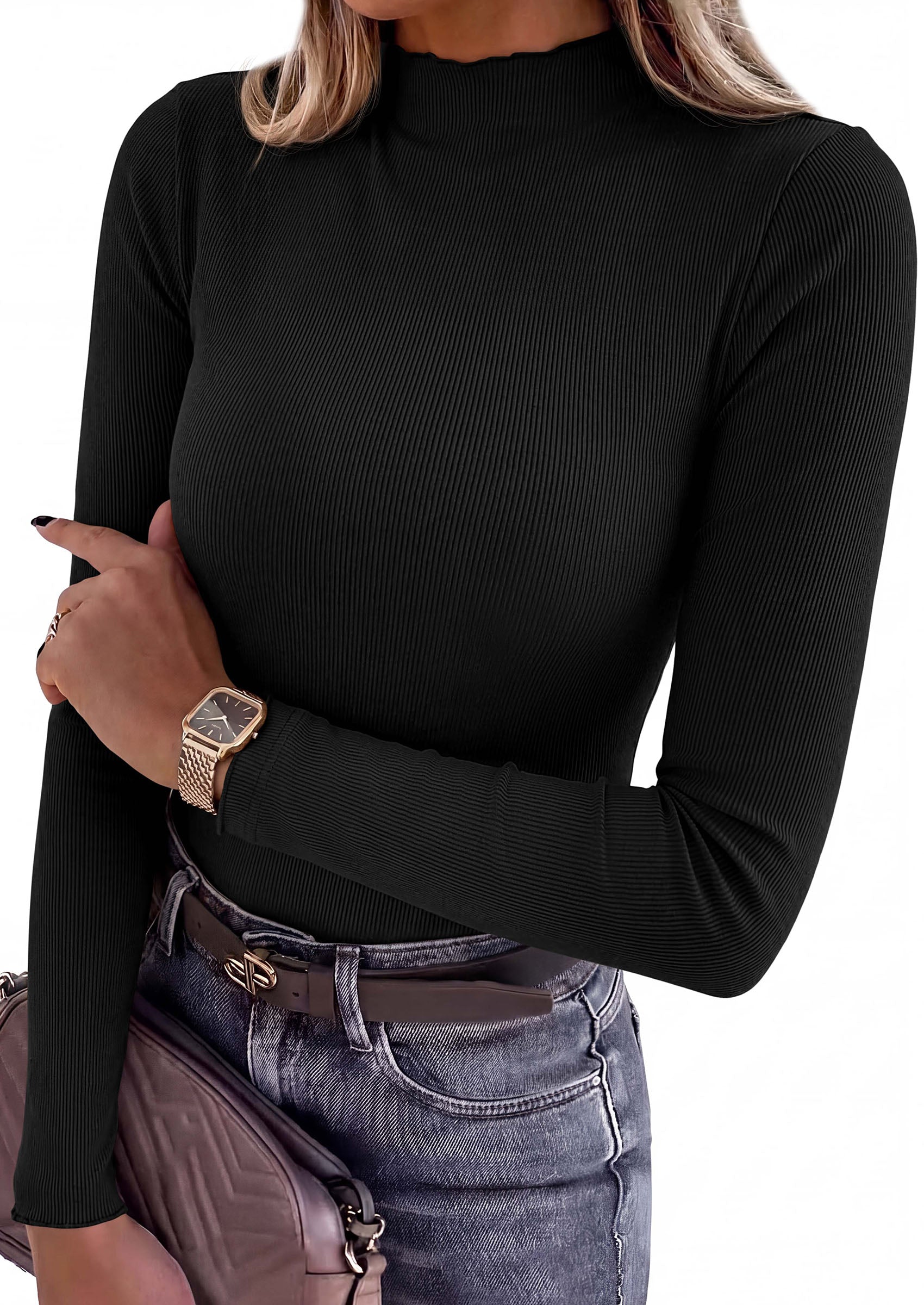 PRETTYGARDEN Women's Fall Long Sleeve Shirts Basic Tees | Soft Stretchy Ribbed Fabric, Lettuce Trim Mock Neck, Slim Fitted Cute Tops, Layering Fashion Clothing, Trendy Casual Outfits