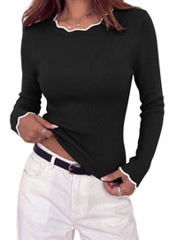 PRETTYGARDEN Women's Long Sleeve Ribbed Knit Pullover Sweaters | Contrast Trim, Going Out Tops, Soft Stretch Fabric, Slim Fitted, Scallop Edge, Casual Fall Outfits, Layering Winter Clothing