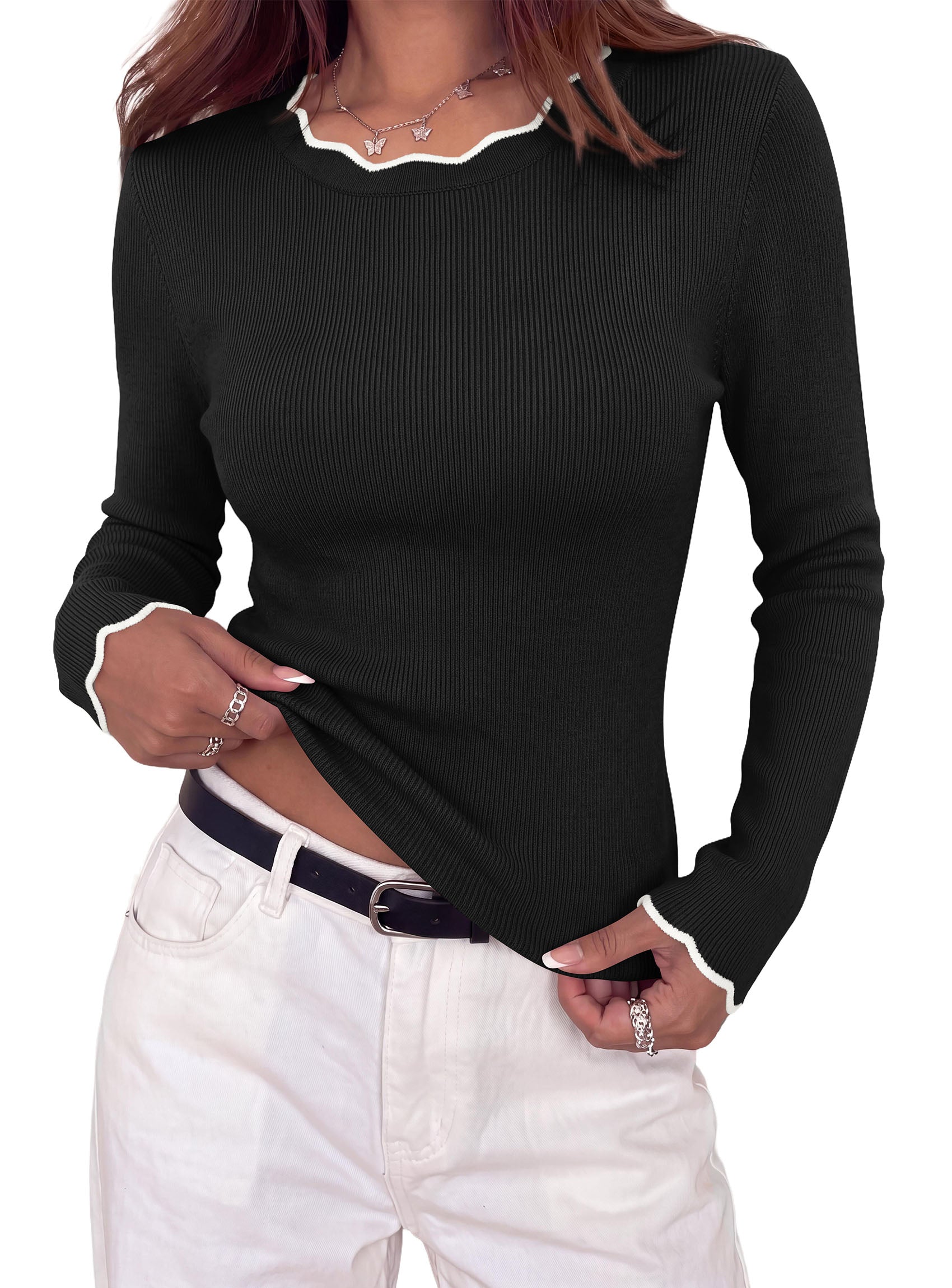 PRETTYGARDEN Women's Long Sleeve Ribbed Knit Pullover Sweaters | Contrast Trim, Going Out Tops, Soft Stretch Fabric, Slim Fitted, Scallop Edge, Casual Fall Outfits, Layering Winter Clothing