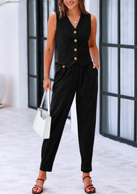 PRETTYGARDEN Two Piece V Neck Button Front Cropped Tank Tops Vest Pockets Pants Cotton Sets