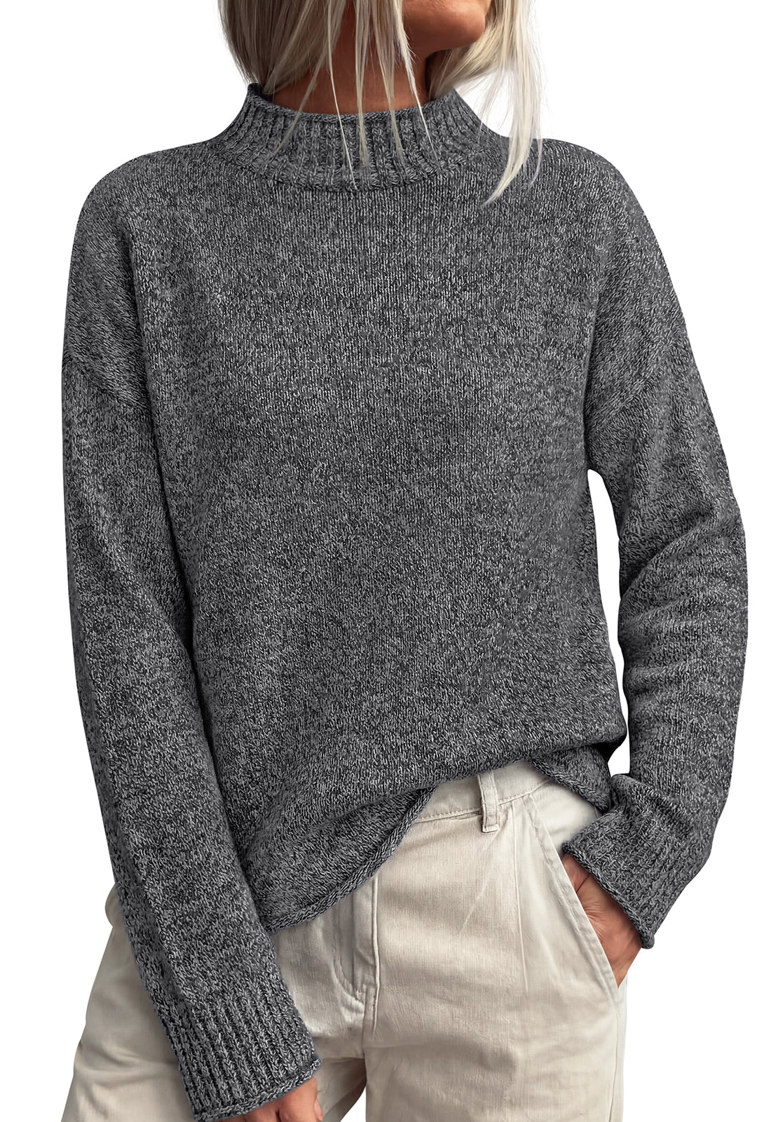 PRETTYGARDEN Womens Sweaters 2026 Mock Neck Ribbed Knit Fall Outfits | Long Sleeve Pullover Tops, Rolled Edge, Loose Fit, Soft Cotton Fabric, Comfy Cozy Sweater, Versatile Casual Cute Clothes