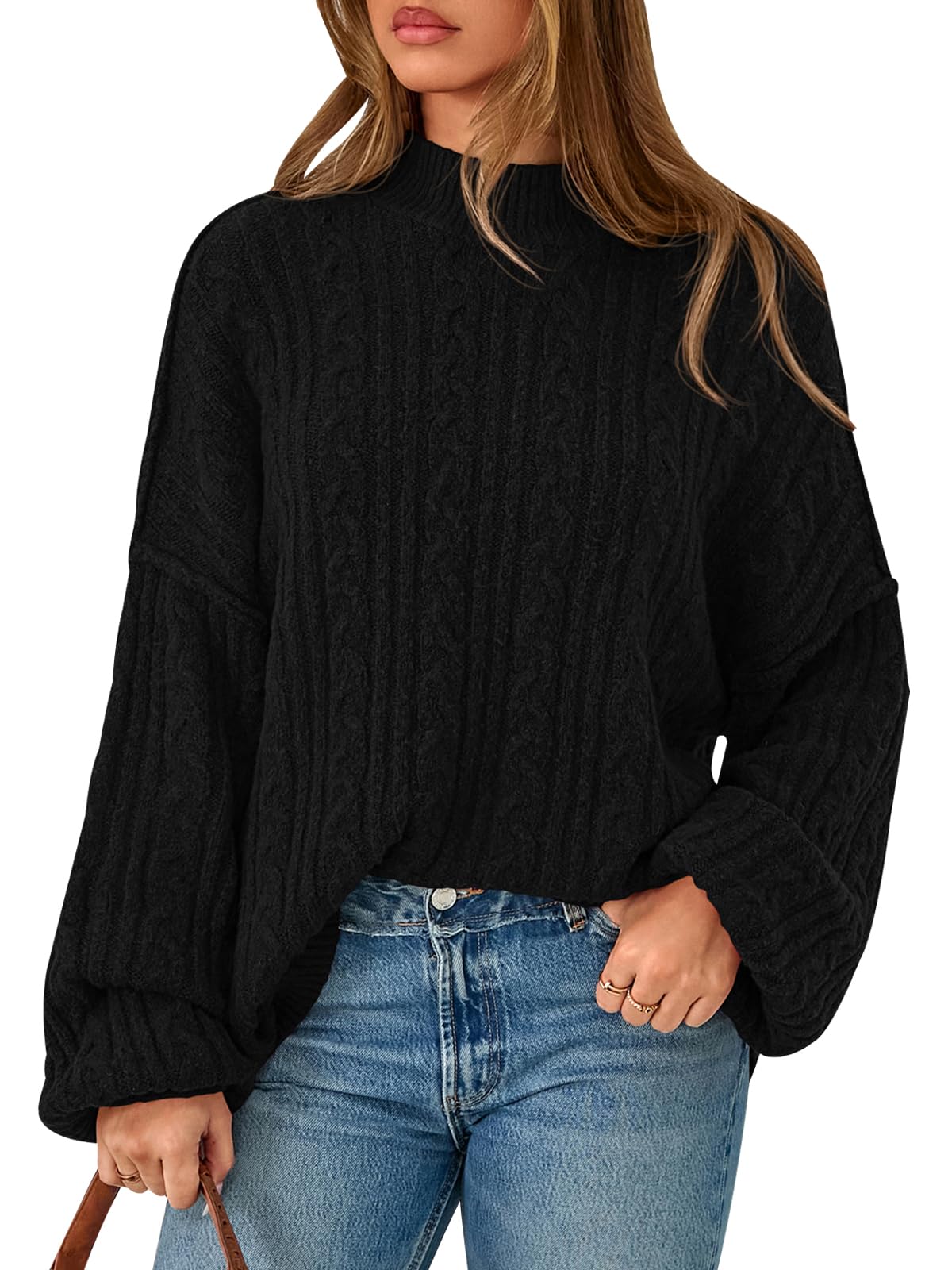 PRETTYGARDEN Womens Sweater 2026 Long Sleeve Crewneck Cable Knit Oversized Sweaters Pullover Exposed Seam Spring Outfits