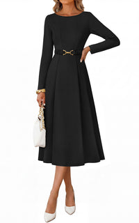 PRETTYGARDEN Women's Fall Long Sleeve Semi Formal Midi Dresses with Pockets Boat Neck, Metal Buckle Tie Waist, Flowy A Line, Elegant Classy Wedding Guest Cocktail Party Dress, Business Casual Outfits
