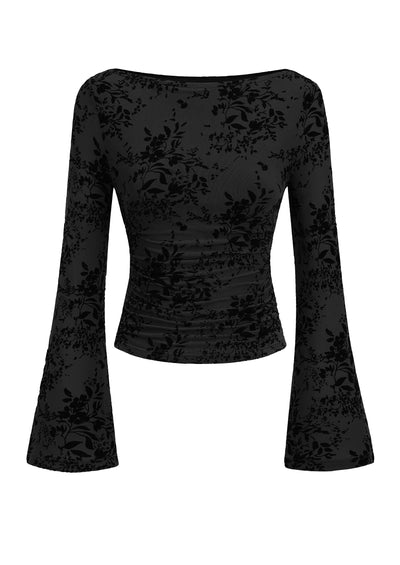 PRETTYGARDEN Women's Bell Sleeve Floral Mesh Crop Tops | Slim Fitted Shirts, Long Sleeve Going Out Top, Ruched Front, Boat Neck, Casual Blouses, Fall Date Night Outfits, Y2K Clothes