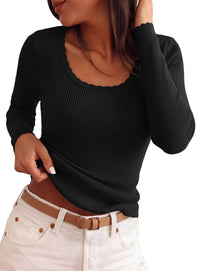 PRETTYGARDEN Women's Fall Lightweight Ribbed Knit Sweaters | Stretchy Cozy Knitwear,Scalloped Scoop Neck,Long Sleeve Shirts,Slim Fitted Pullover,Basic Layering Tops,Cute Casual Outfits