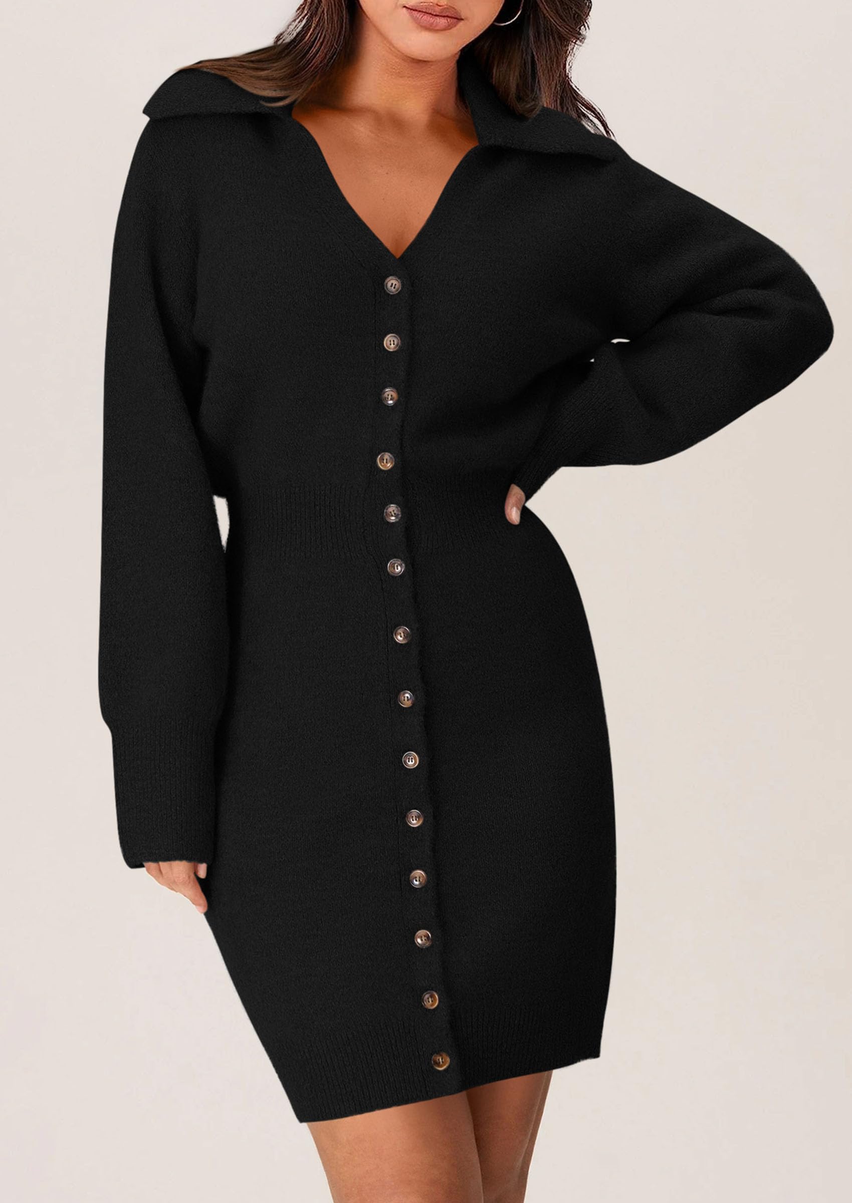 PRETTYGARDEN Sweater Dresses for Women Trendy Long Sleeve Button Down Short Spring Dress