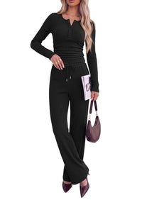 PRETTYGARDEN Two Piece Lounge Sets for Women Fall Fashion | Soft Stretchy Rib Knit,Long Sleeve Henley Tops,High Waisted Wide Leg Pants,Matching Holiday Vacation,Airport Travel Outfits