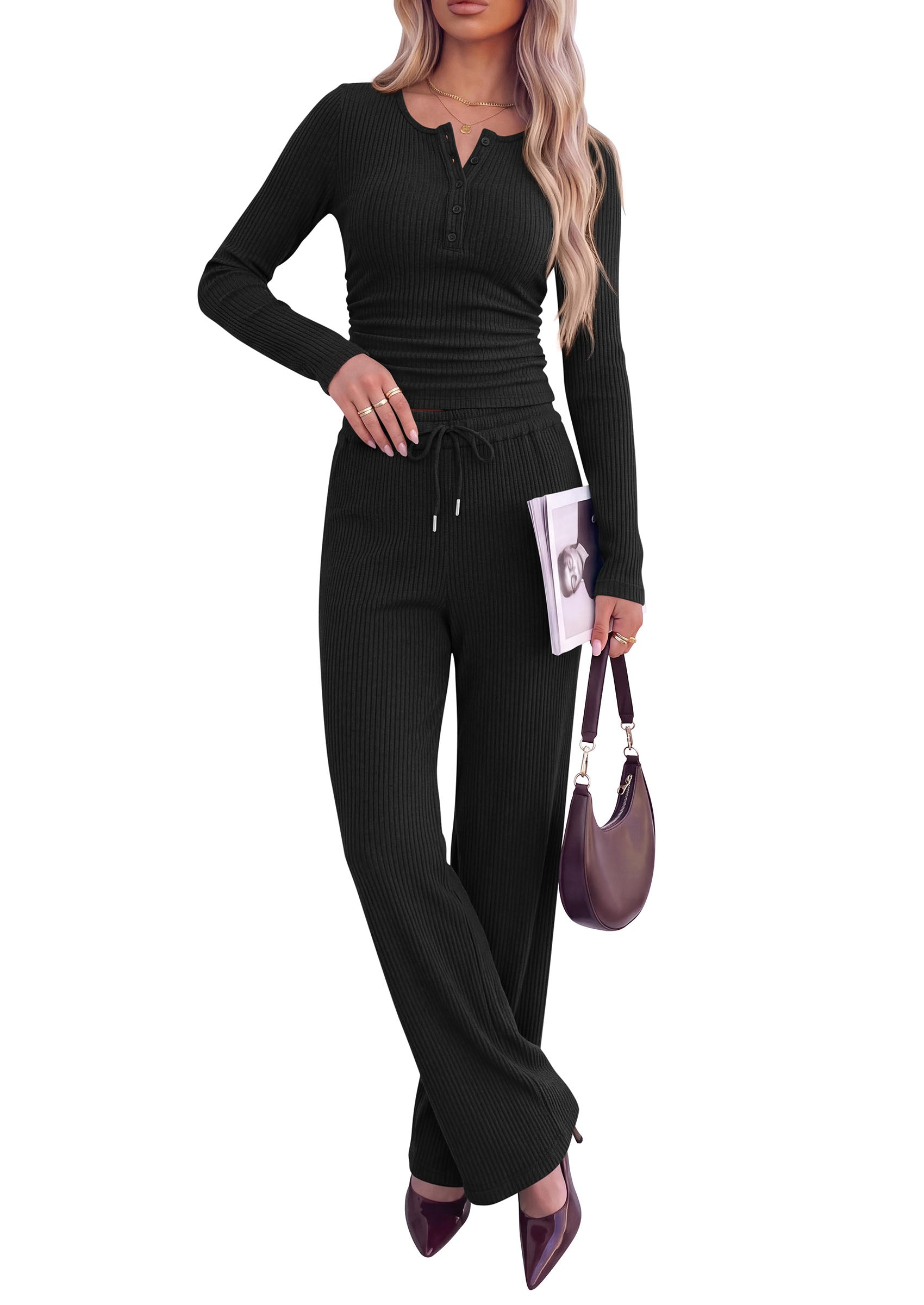 PRETTYGARDEN Two Piece Lounge Sets for Women Fall Fashion | Soft Stretchy Rib Knit,Long Sleeve Henley Tops,High Waisted Wide Leg Pants,Matching Holiday Vacation,Airport Travel Outfits