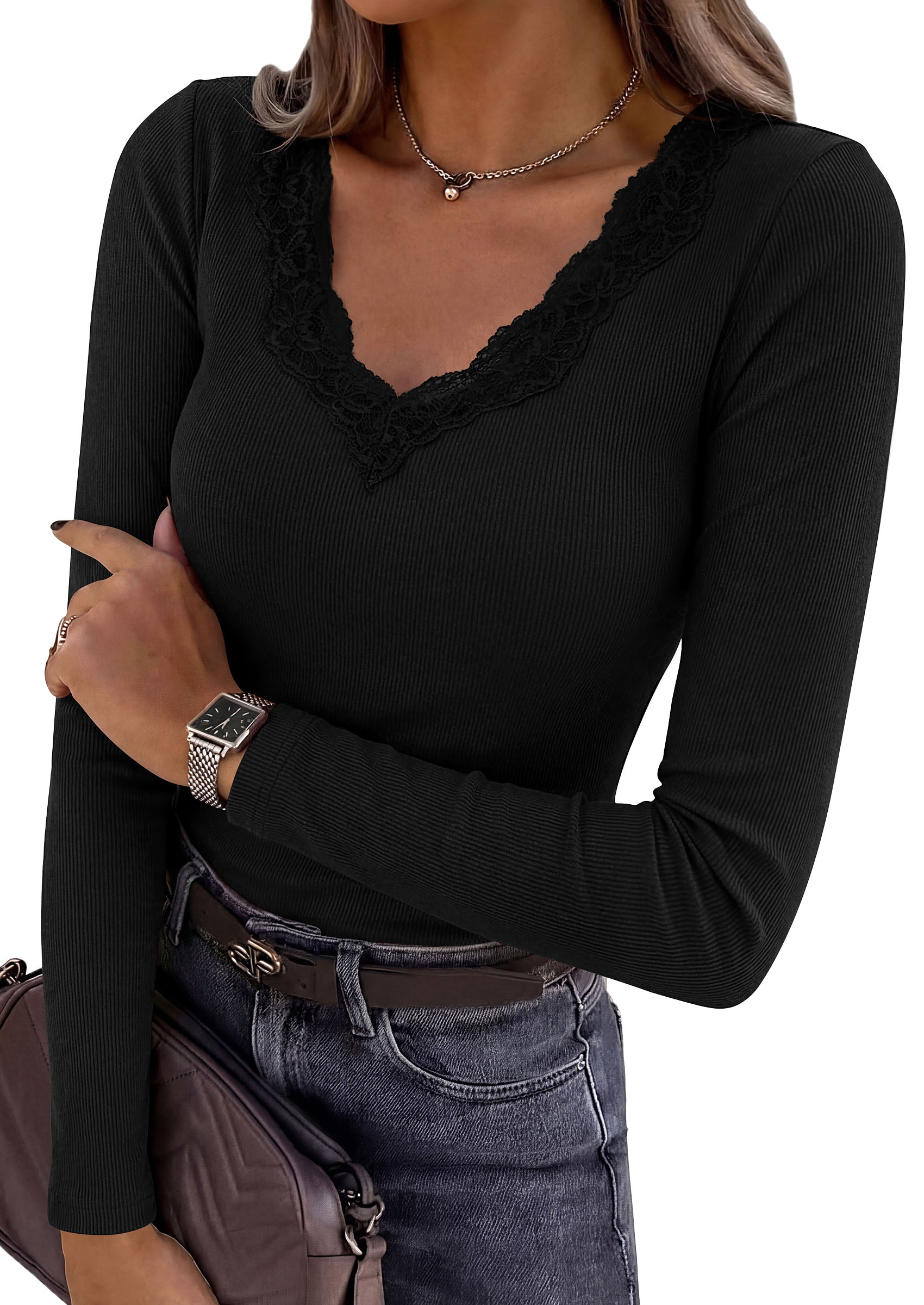 PRETTYGARDEN Women's Long Sleeve Shirts Lace Trim V Neck Ribbed Slim Fitted Basic Tees Y2K Going Out Tops 2026 Fall Clothes