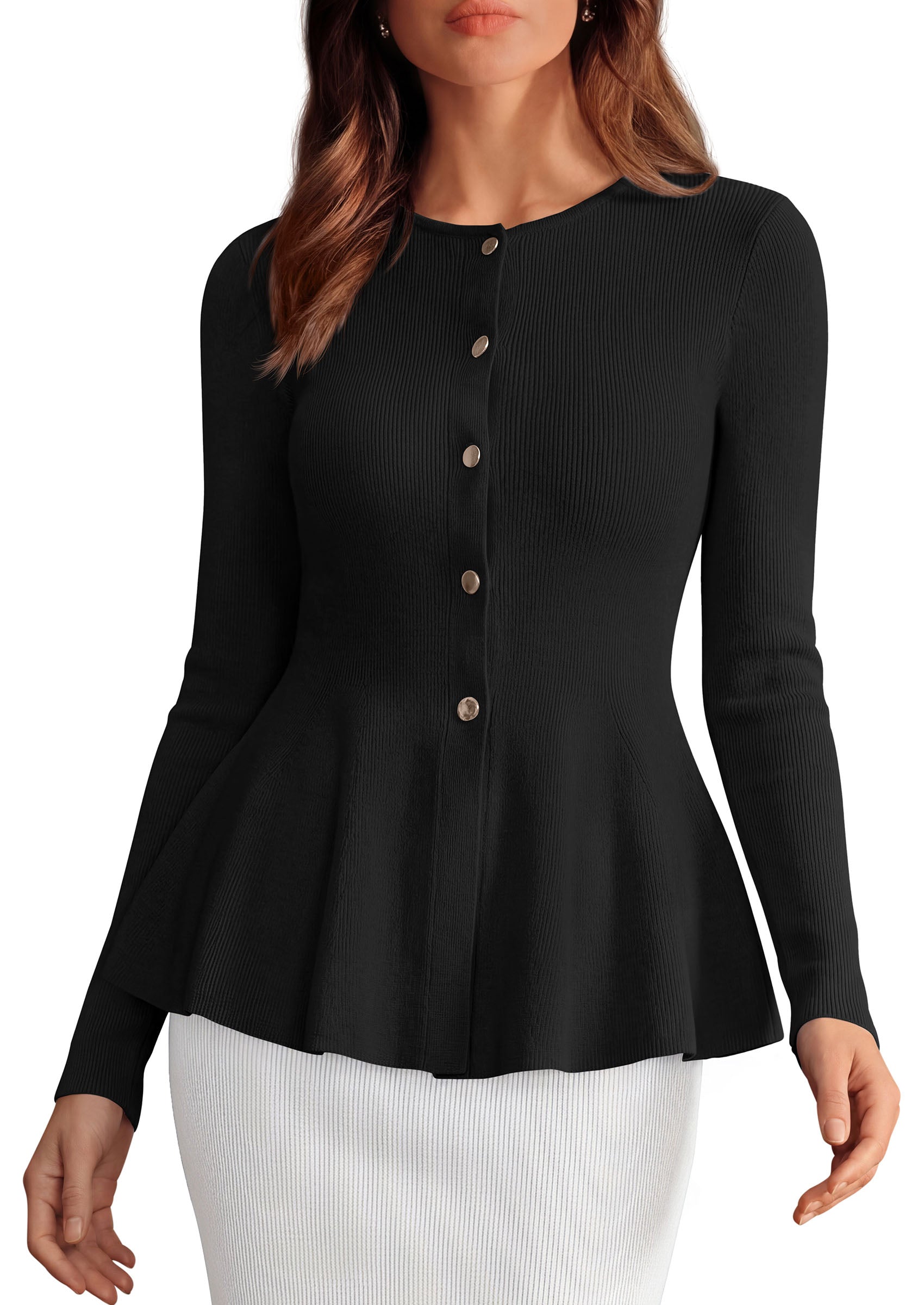 PRETTYGARDEN Women's Fall Lightweight Cardigan Sweaters | Long Sleeve Peplum Tops, Button Up, Slim Fitted, Flared Hem, Soft Ribbed Knit, Business Casual Outfits, Winter Trendy Clothes