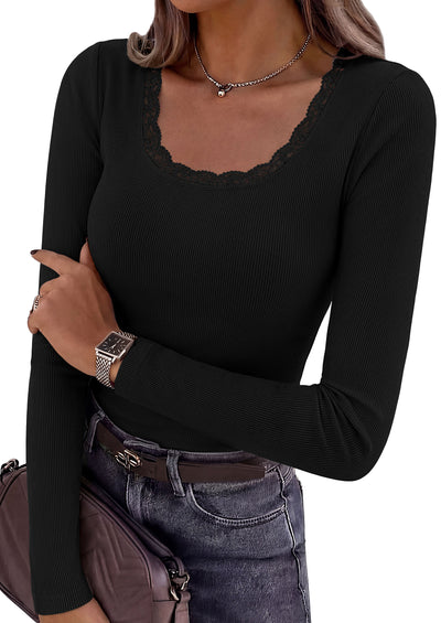 PRETTYGARDEN Womens Long Sleeve Tops Casual Fall Fashion 2026 Lace Square Neck Fitted Ribbed Knit Tee Shirts Winter Clothing