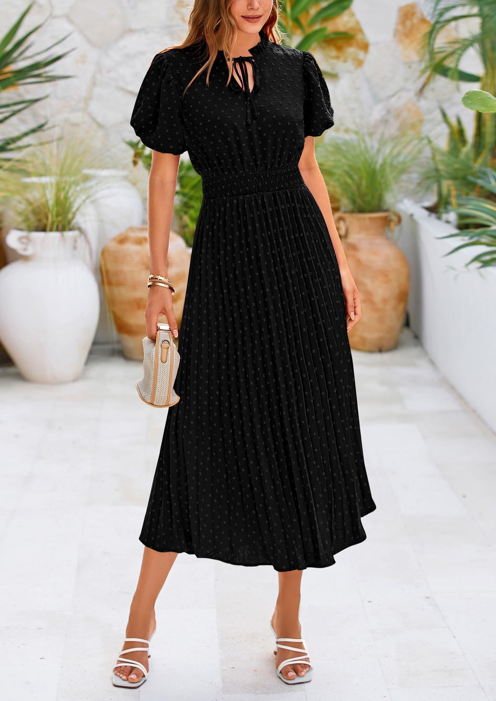 PRETTYGARDEN Womens Midi Dresses Puff Short Sleeve V Neck Swiss Dot Pleated A Line Flowy Long Wedding Guest Dress