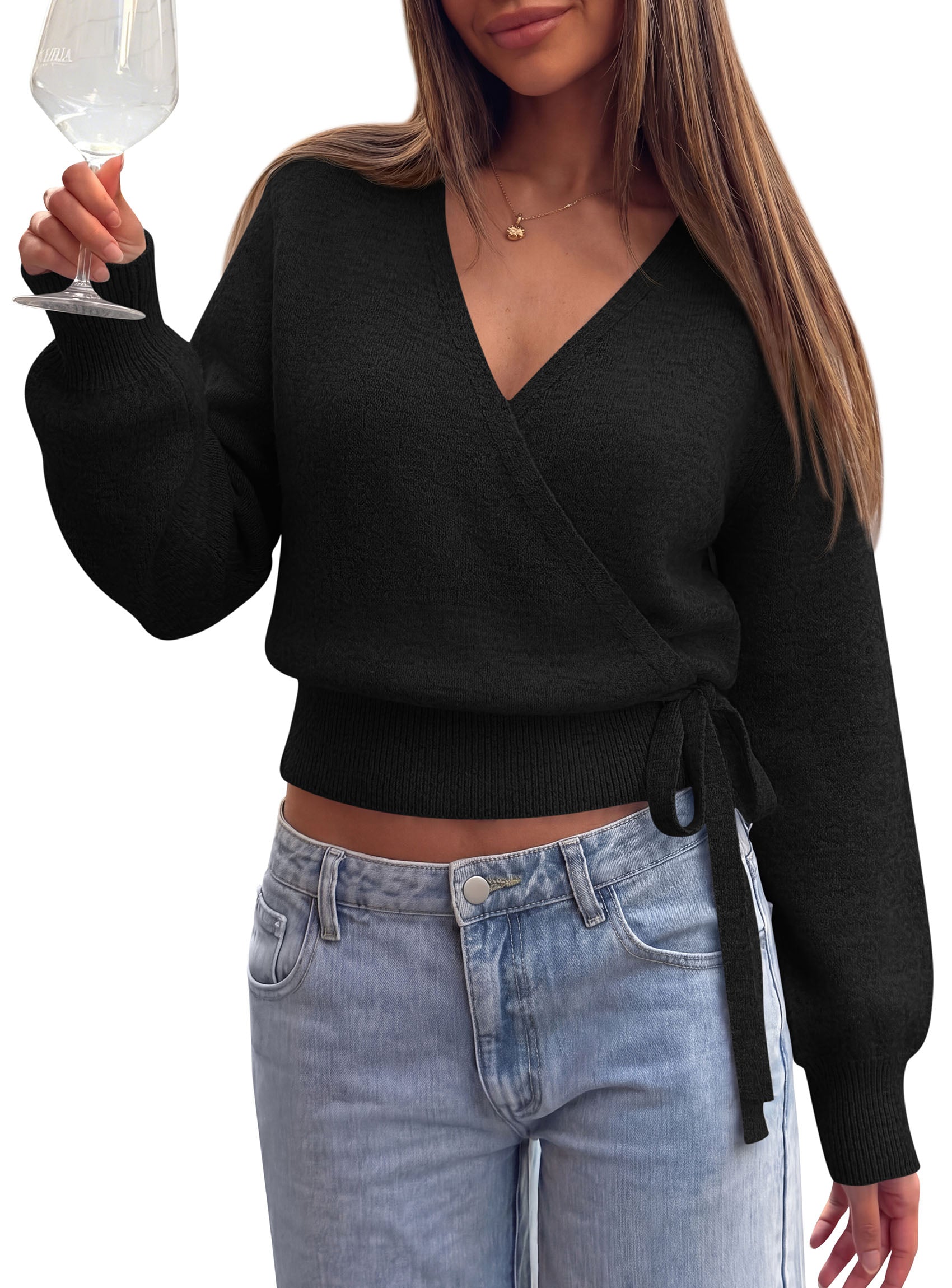 PRETTYGARDEN V Neck Wrap Sweaters for Women Fall Outifts Pullover | Long Sleeve Knit Tops,Cross V Neck with Hidden Snap,Tie Waist,Cozy Warm Winter Clothes for Work,Travel,Vacation,Going Out