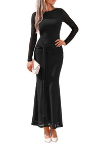 PRETTYGARDEN Women's Long Sleeve Tie Waist Maxi Dresses						  Sexy Mesh Style,Ruched Design,Wedding Guest,Cocktail Party,Night Out,2026 Early Fall Fashion Outfits,Cute Spring Dress