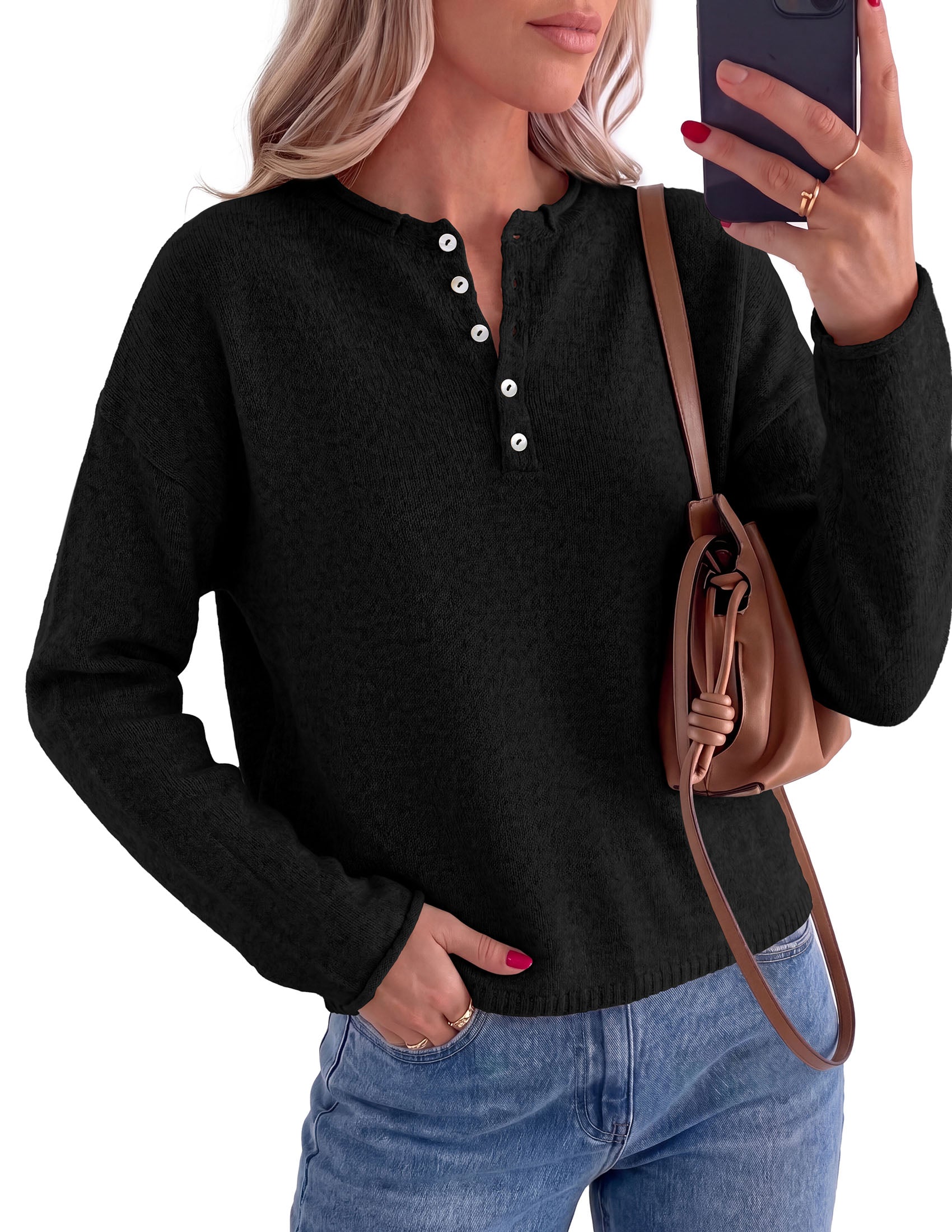 PRETTYGARDEN Women's Fall Button Up Cozy Pullover Sweaters | Stretchy Soft Knit, Drop Shoulder Long Sleeve Tops, Henley Crewneck Rolled Edge, Dressy Casual Blouses, Trendy Winter Clothes