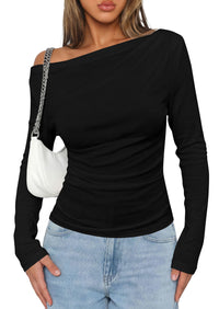 PRETTYGARDEN Off The Shoulder Tops for Women Going Out Long Sleeve Shirts 2026 Fall Casual Fitted Ribbed Ruched Y2K Clothes