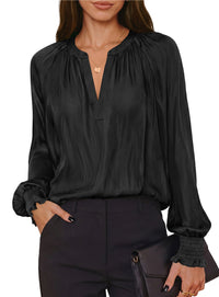 PRETTYGARDEN Women's Satin Blouses V Neck Long Sleeve Tops | Dressy Silk Shirts, Smocked Cuff, Balloon Sleeves, Smooth & Soft, Work Office Wear, Business Casual Outfits, Fall Clothes