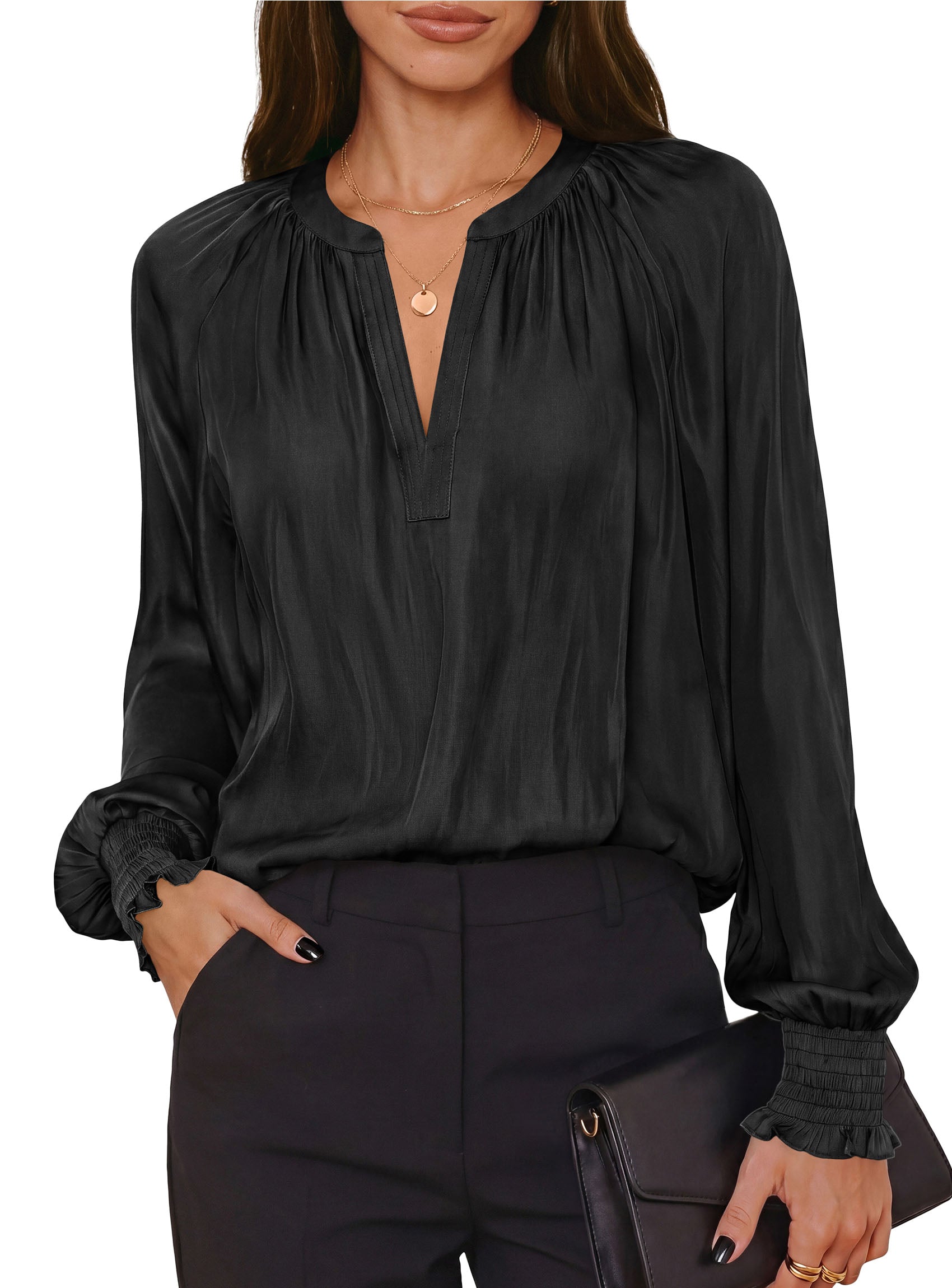 PRETTYGARDEN Women's Satin Blouses V Neck Long Sleeve Tops | Dressy Silk Shirts, Smocked Cuff, Balloon Sleeves, Smooth & Soft, Work Office Wear, Business Casual Outfits, Fall Clothes