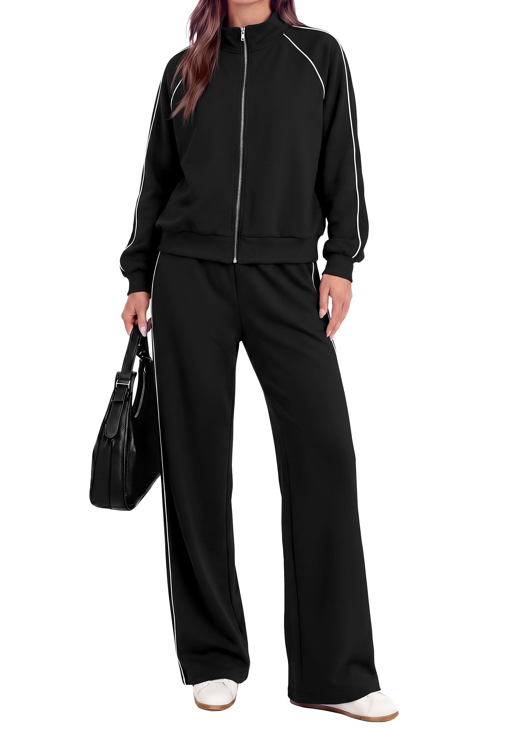 PRETTYGARDEN Women's 2 Piece Sweat Set Casual Fall Outfits | Zip Up Sweatshirt,Wide Leg Pants Sweatsuits,Side Stripes,Matching Lounge Sets,Athletic Wear for Airport,Jogging,Travel,Daily