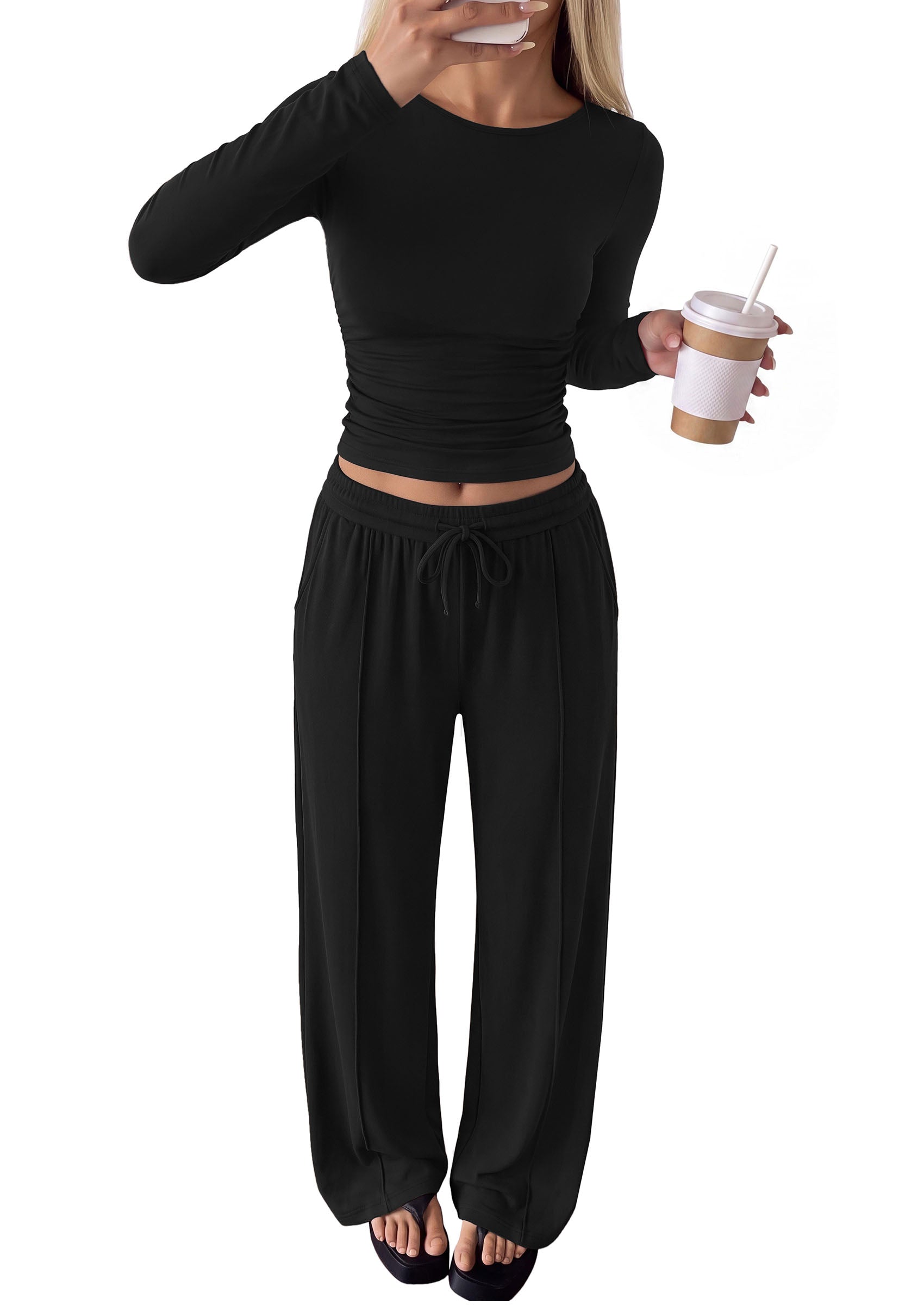 PRETTYGARDEN Women's Matching Lounge Sets 2 Piece Outfits  Boat Neck Long Sleeve Tops, Wide Leg Pants Pockets, Ruched Waist, Travel Airport Resort Wear, Casual Fall Fashion Clothing