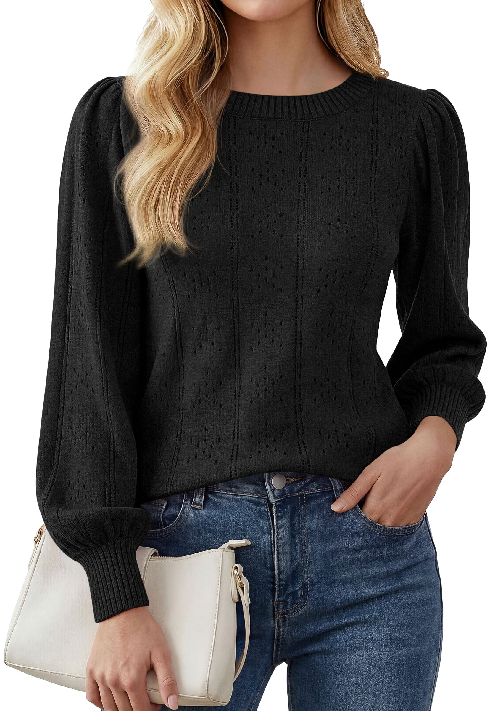 PRETTYGARDEN Women Fall Fashion Hollow Out Holiday Sweaters | Stretchy Cozy Knit, Puff Long Sleeve Pullover Tops, Crewneck Loose Fit, Dressy Casual Blouse, Trendy Winter Going Out Outfits