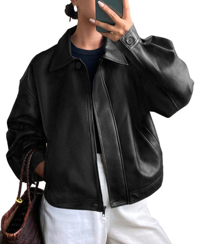 PRETTYGARDEN Women's Faux Leather Oversized Motorcycle Jackets | Fall Zip Up Jacket, Collared Neck, Button Cuff, Relaxed Fit, Long Sleeve, Casual Outerwear, Winter Coats, Fashion Clothing