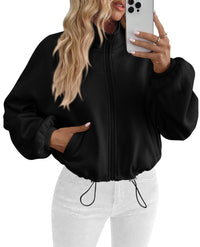 PRETTYGARDEN Womens Zip Up Fleece Cropped Sweatshirt Jacket | Oversized Loose Soft Stand Collar with Drawstring Hem, Long Sleeve Casual Coat With Pockets, Fall Outfits Winter Clothing