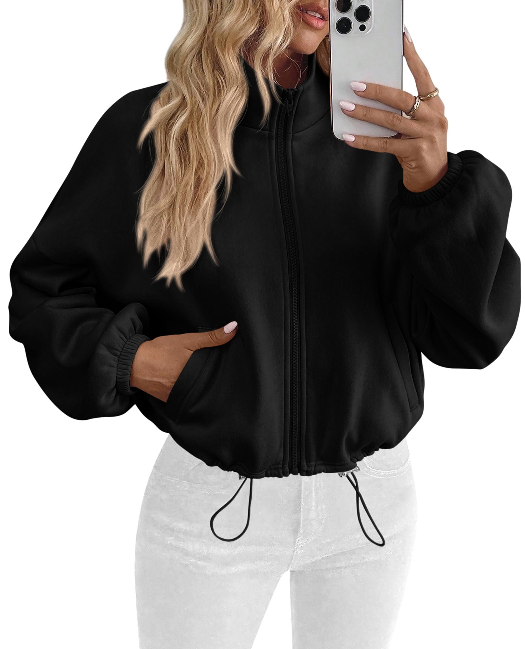 PRETTYGARDEN Womens Zip Up Fleece Cropped Sweatshirt Jacket | Oversized Loose Soft Stand Collar with Drawstring Hem, Long Sleeve Casual Coat With Pockets, Fall Outfits Winter Clothing
