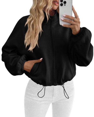 PRETTYGARDEN Womens Zip Up Fleece Cropped Sweatshirt Jacket | Oversized Loose Soft Stand Collar with Drawstring Hem, Long Sleeve Casual Coat With Pockets, Fall Outfits Winter Clothing